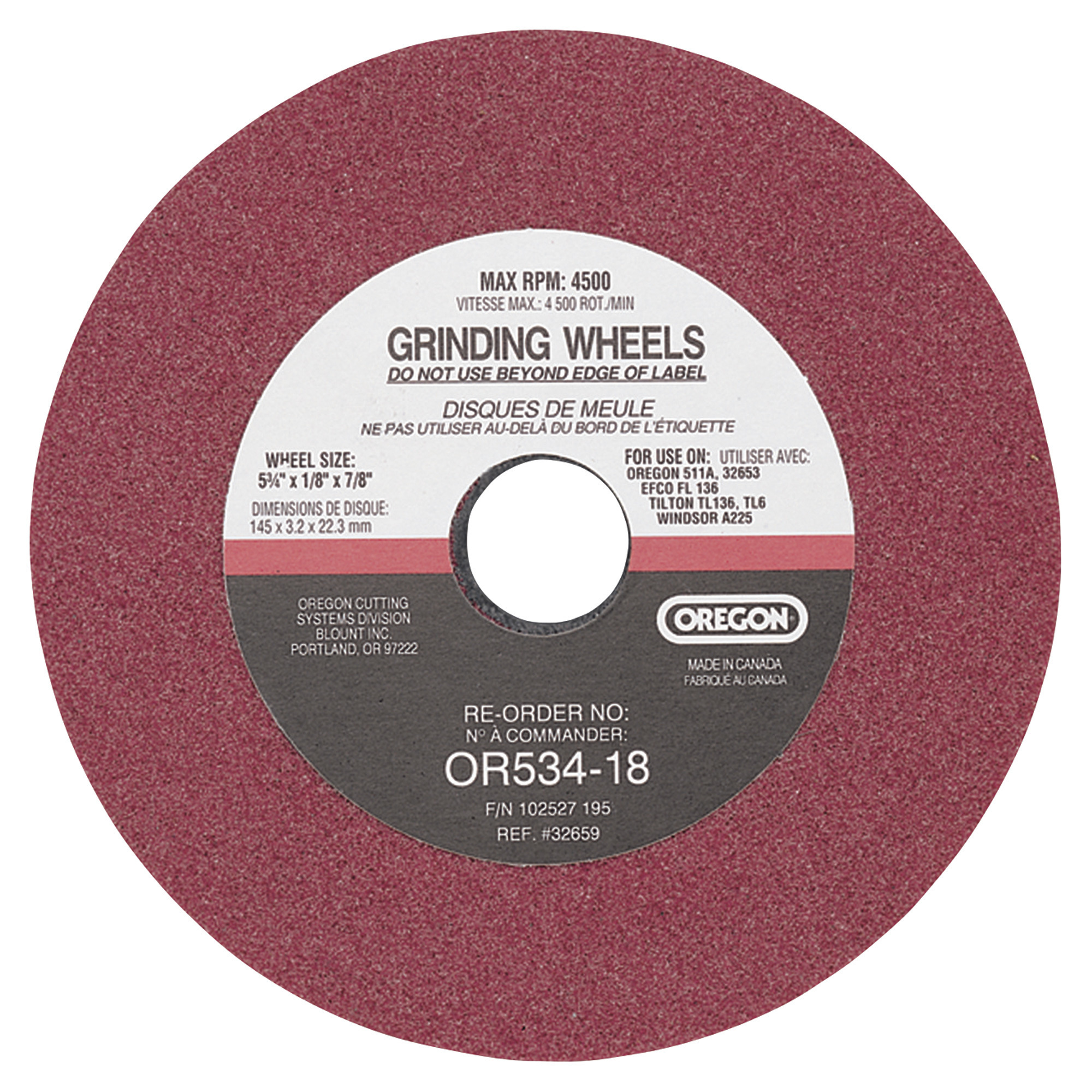 Oregon Chain Sharpener Replacement Grinding Wheel, 1/8in. Thickness, For 1/4in.-Pitch, .325in.-Pitch (33, 34, 35 Series Chains Only), Mini 3/8in.-Pitch (90, 91 Series Chains Only)